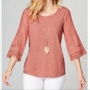J. Jill Pintucked lace sleeves Top Cotton Modal Sz L